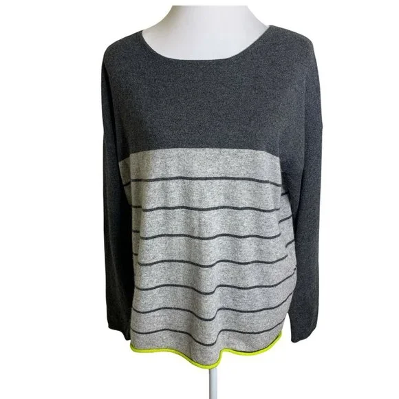 Philosophy 100% Cashmere Gray Striped Long Sleeve Scoop Neck Sweater  Pullover L